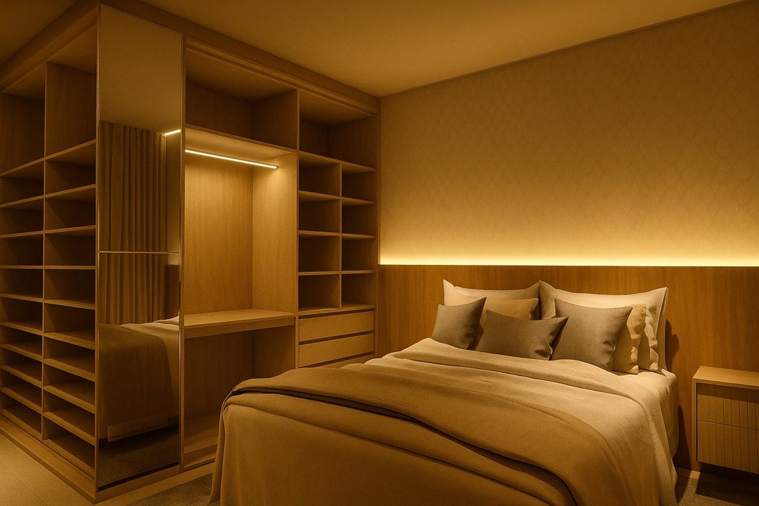Quarto com marcenaria e iluminação — entrega real